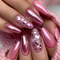 Medium long fake nails Pink blue heart design for wedding Valentine's Day party Ballet square nail tips press on false nail