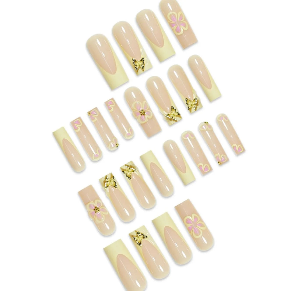 Yellow French Flower & Metal Butterfly Press-On Nails – Long Coffin, 24 Pcs