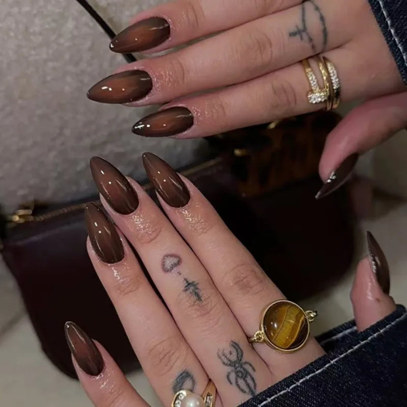 Black & Brown Ombre Autumn Press-On Nails – Almond, 24 Pcs