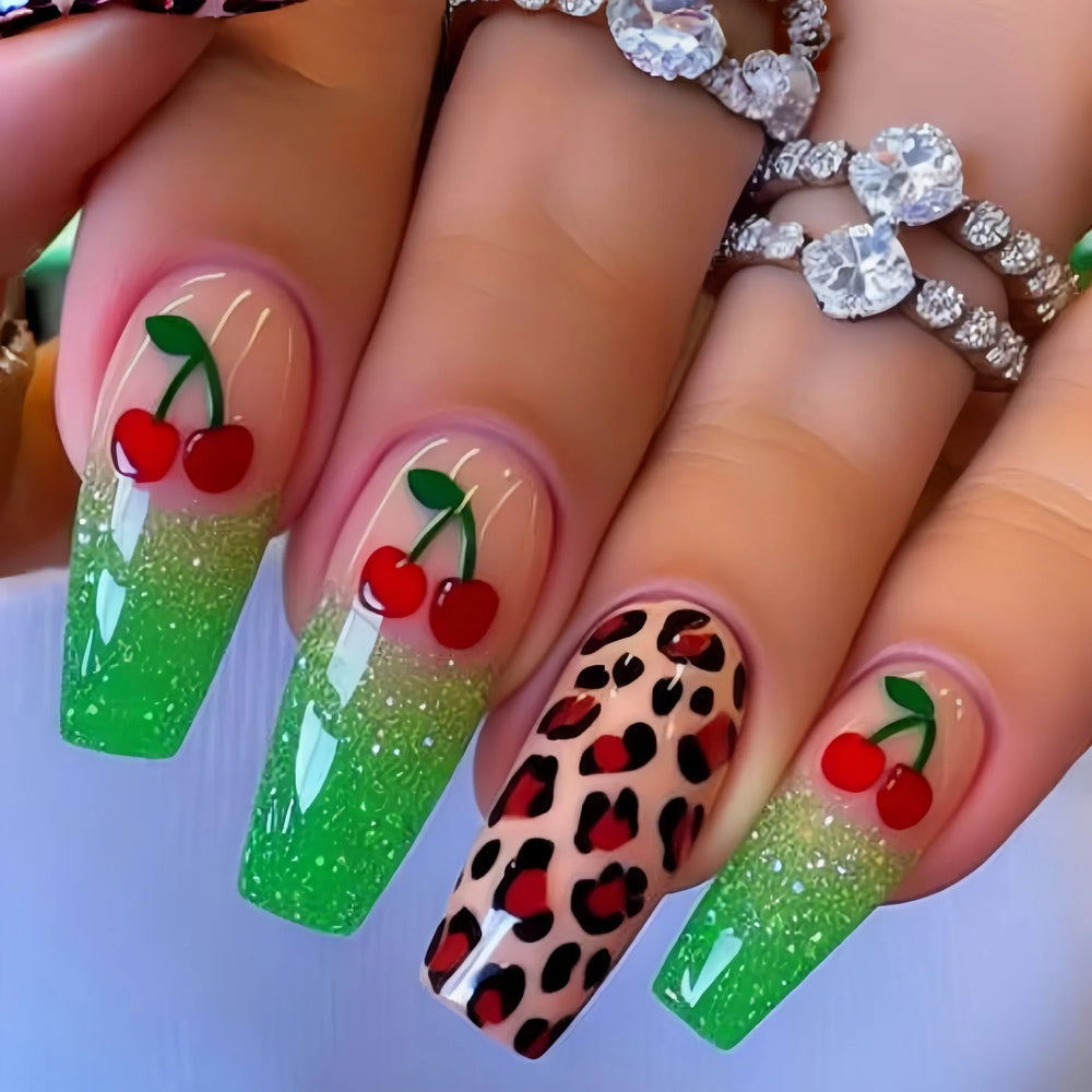 Y2K Leopard Gradient Ballet Press-On Nails – Medium Long Square, 24 Pcs