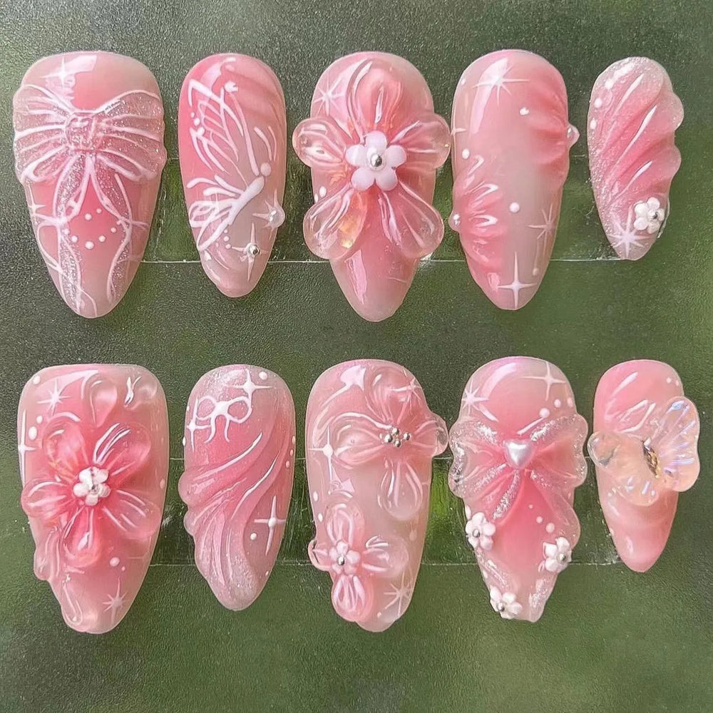 Gold Pink 3D Flower & Pearl Press-On Nails – Almond, 24 Pcs