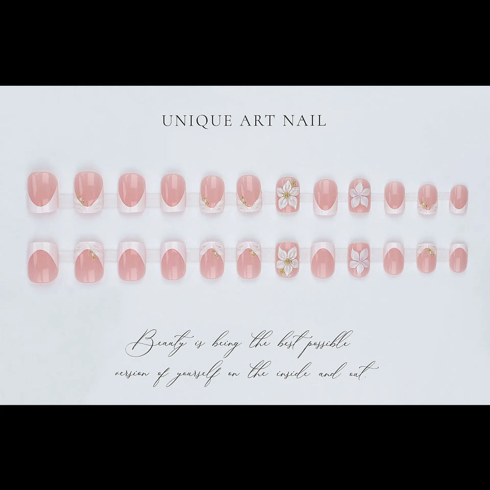 3D Gold Frame Embossed White Flower French Press-On Nails – Square, 24 Pcs