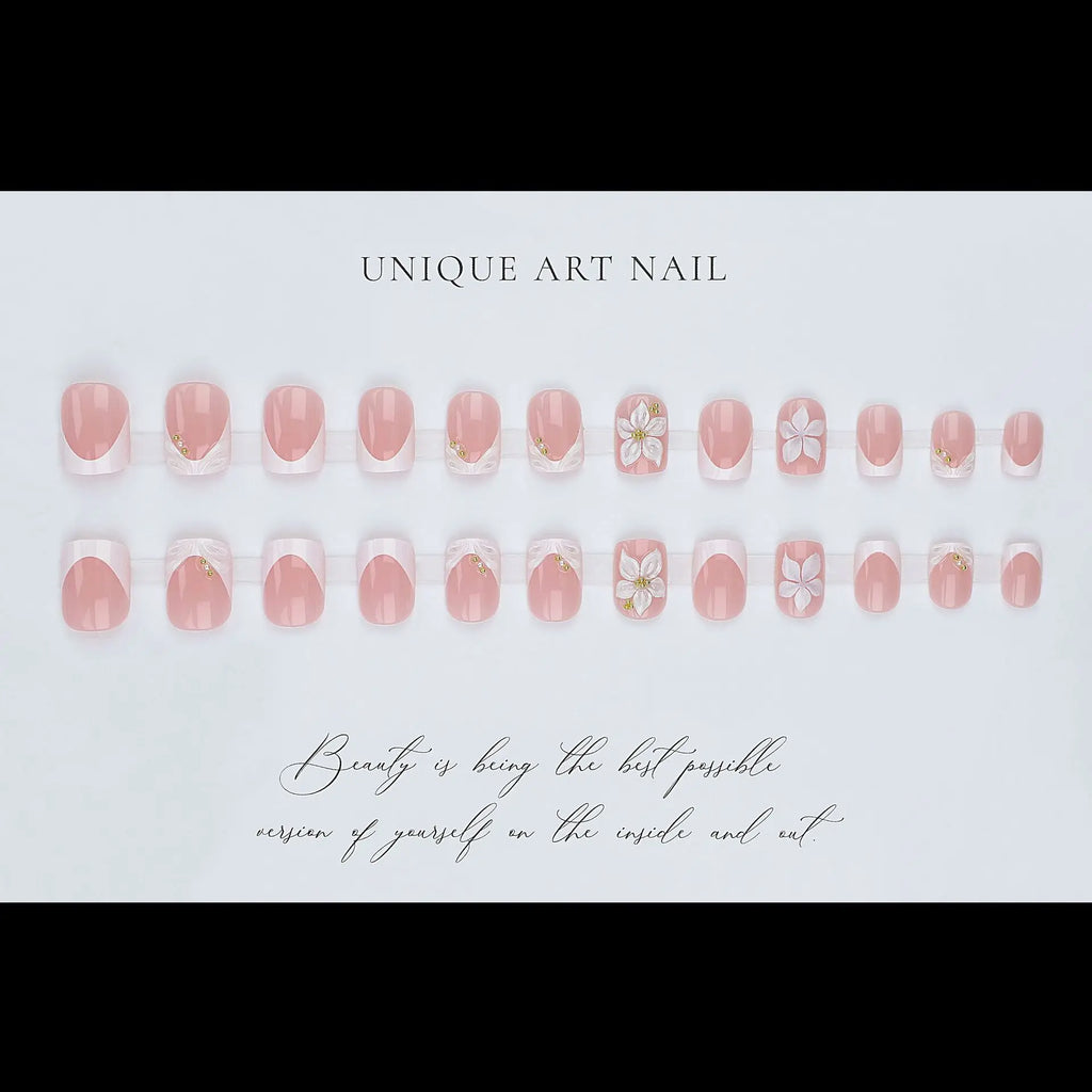 24pcs/set 3D fake nails for women girls french style golden frame embossed white flowers Square shaped full cover press on nails