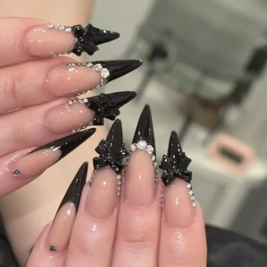 Black Polka Dot Lace 3D Bow Press-On Nails – Almond, 24 Pcs