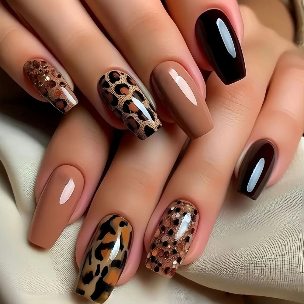 Brown & Black Leopard French Square Ballet Press-On Nails – Medium Long