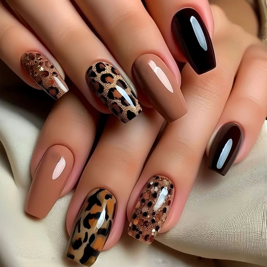 Brown & Black Leopard French Square Ballet Press-On Nails – Medium Long