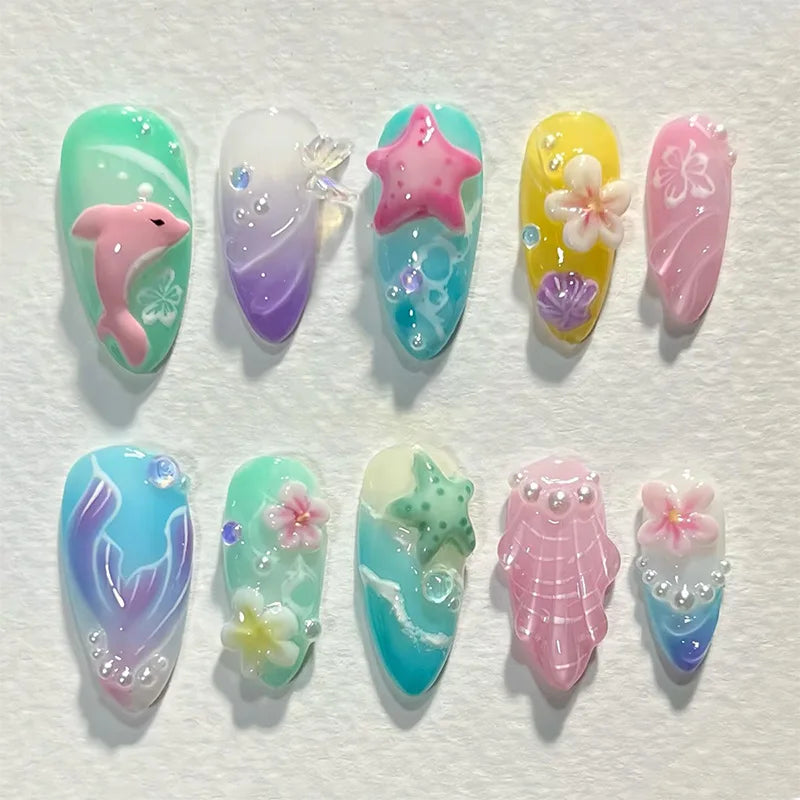 3D Green Ripple Cat-Eye French Almond Press-On Nails – Leaf Pattern, 24 Pcs