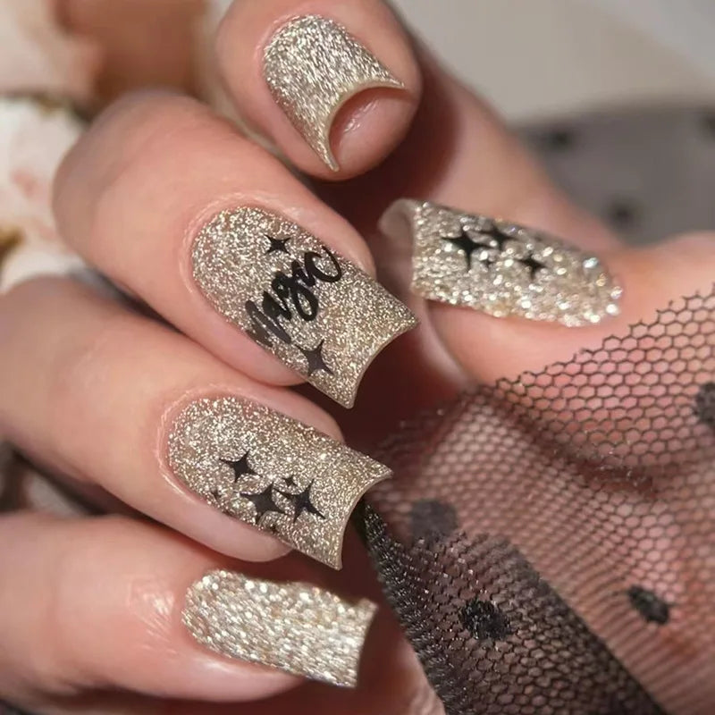 24pcs/set fake nails for women girls super flash Champagne Gold or nude green colors square shape reusable press on false nails