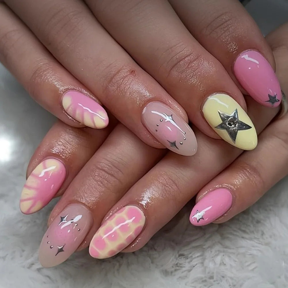 Colorful Star & Stripe French Y2K Press-On Nails – Almond, 24 Pcs