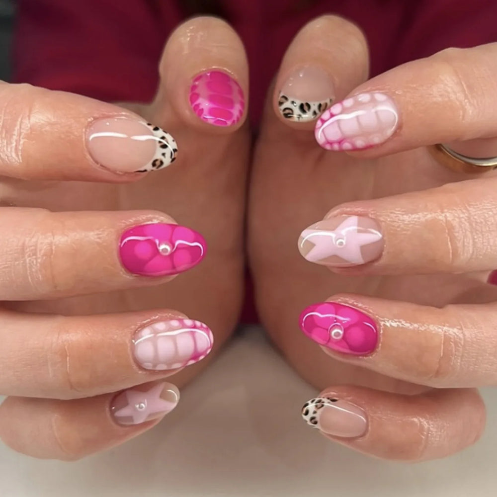 Leopard & Floral French Tip Press-On Nails – Almond, 24 Pcs