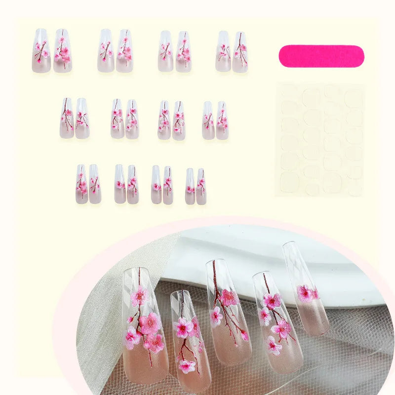 Medium long fake nails for women girls half clear nail tips pink flowers design ballet shape full cover reusable press on nails