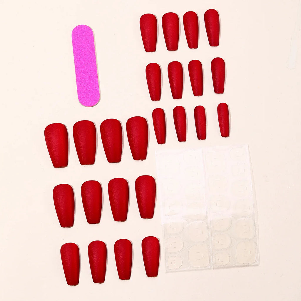 24pcs/set Velvet red fake nails for women girls New year Party Medium almond ballet matte nails tips press on false nail art
