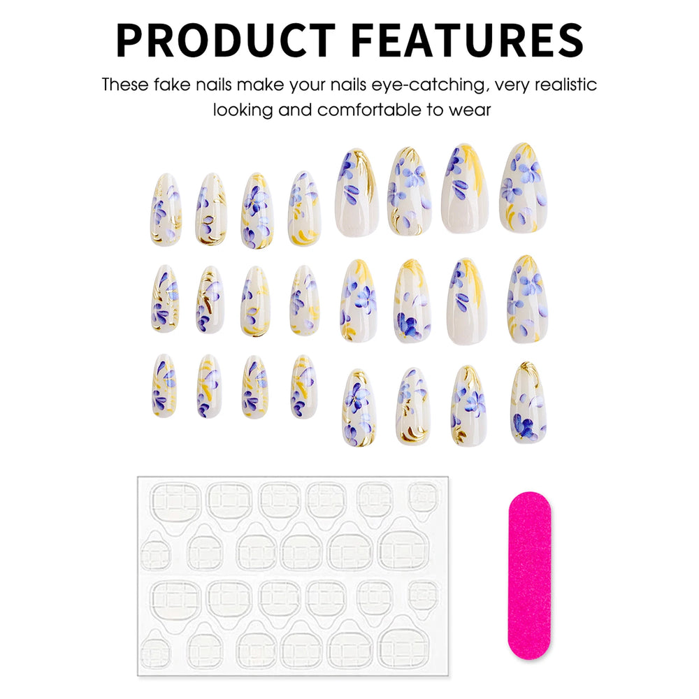 Gold Foil Blue Flower Press-On Nails – Almond, 24 Pcs