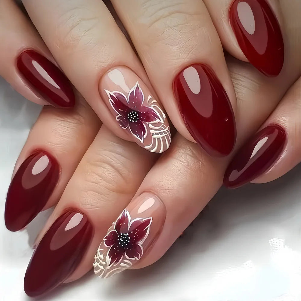 24pcs/set Medium long fake nails for Spring summer season Flowers leaf gradient color Square almond tips press on false nail art