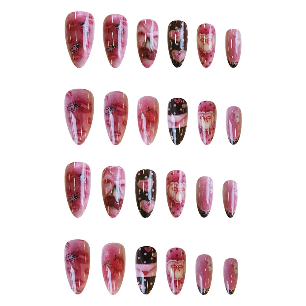 Cherry, Bow & Strawberry Blush Press-On Nails – Almond, 24 Pcs