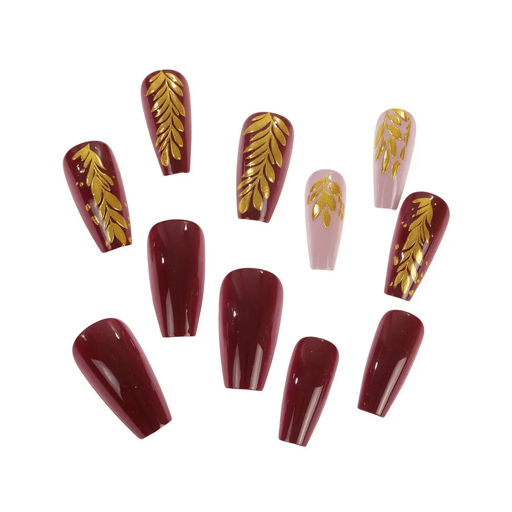 Medium Ballet fake nails for women girls 3D golden gilding flowers leaf new year red full cover nail tips press on false nail