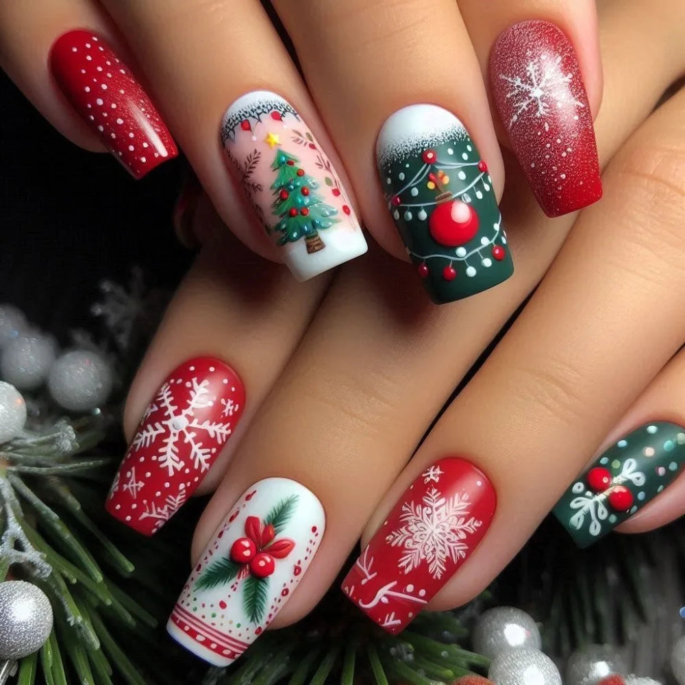 Christmas Tree, Snowflake & Snowman Press-On Nails – Medium Long Square, 24 Pcs
