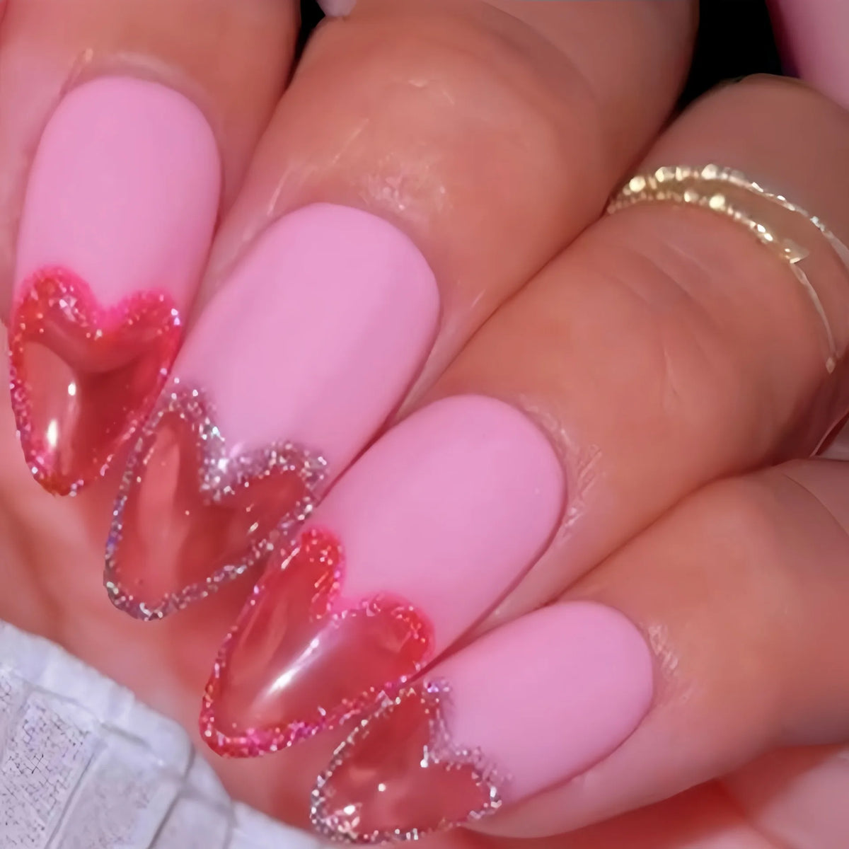 Medium long fake nails for women gradient pink red cute heart design for Valentine's Day Square almond nail tips press on nails