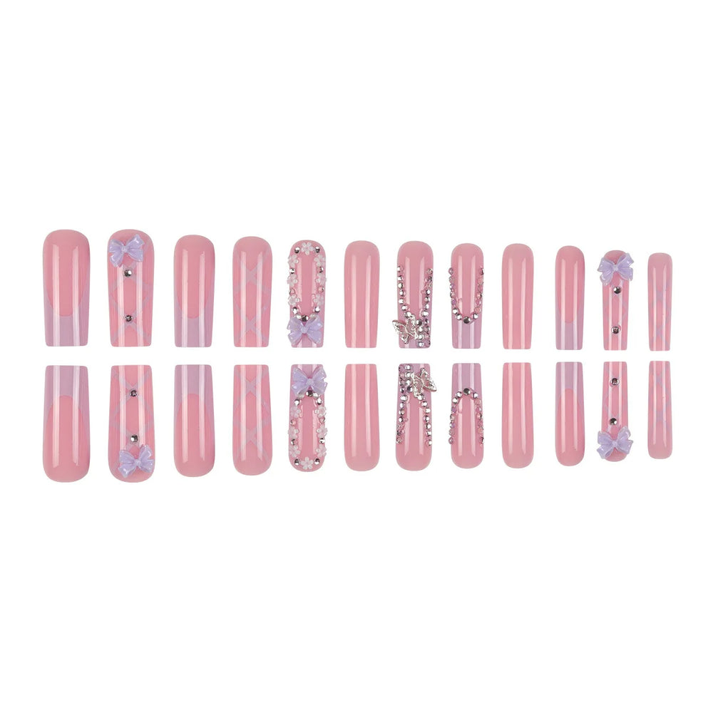 Purple French Bow & Butterfly Rhinestone Press-On Nails – Long Coffin, 24 Pcs