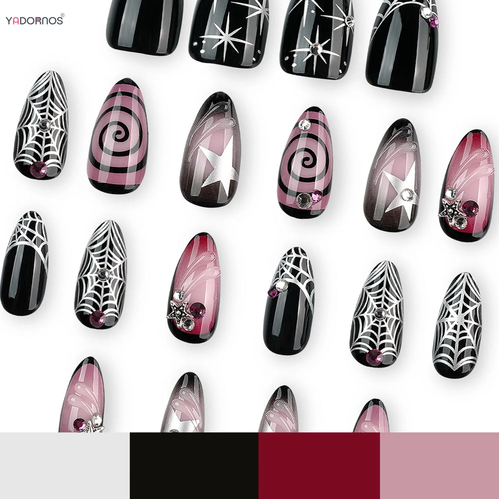 Black & Purple Spider Web Punk Press-On Nails – Almond, 24 Pcs