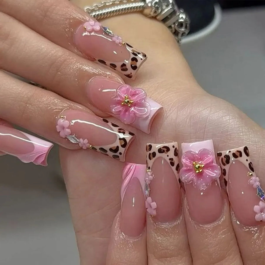 Nude Flower & Leopard Rhinestone Press-On Nails – Pink or Brown, 24 Pcs