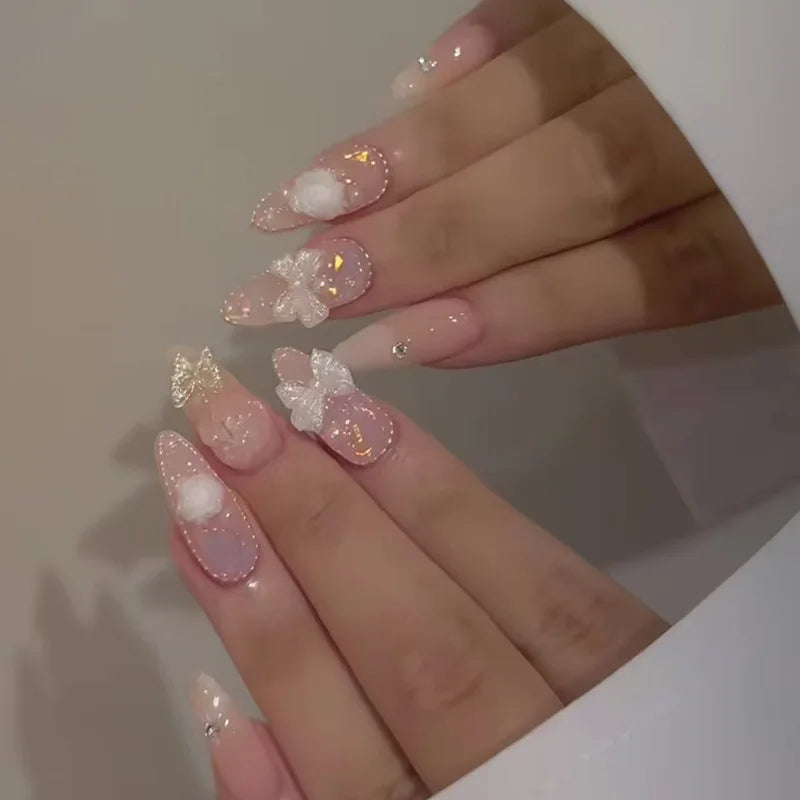 White French Tip Flowers & Bows Press-On Nails – Almond, 24 Pcs