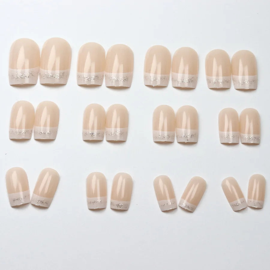 24pcs/set Medium Square fake nails for women girls Nude beige with glitters french style white edge press on false nail art set