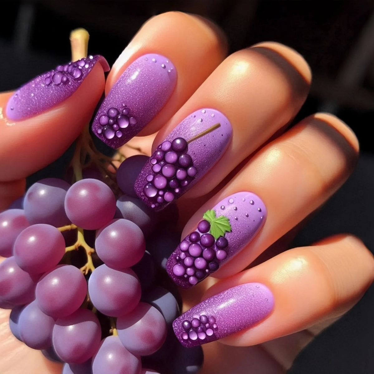 24pcs/set Medium Long Fake Nails for Autumn Winter Y2K Gradient Purple Blue Yellow Green Flowers Cute Gogga Press On False Nail