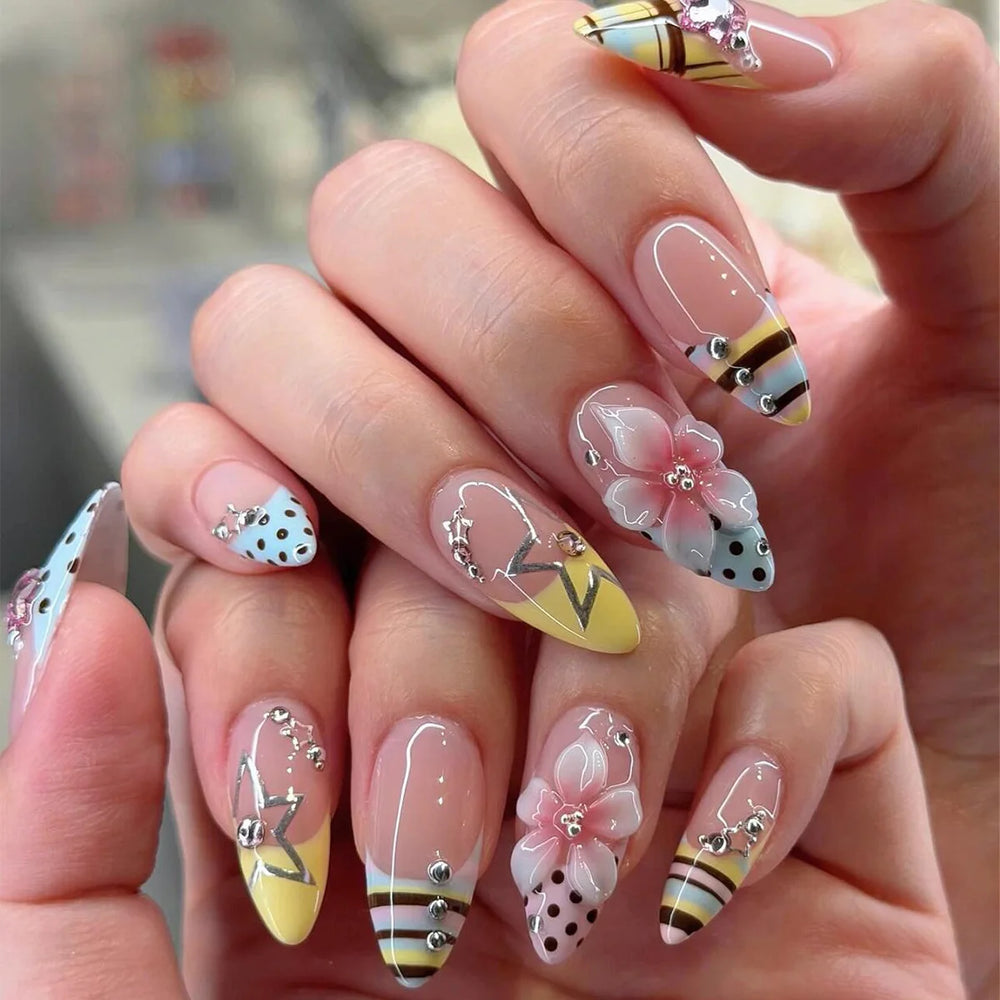 White Polka Dot 3D Flower Press-On Nails – Ballet Almond, 24 Pcs