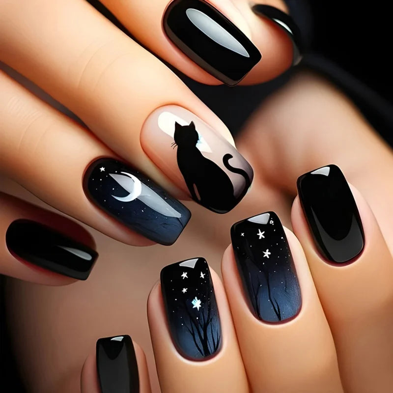 Black Ombre French Press-On Nails – Long Ballerina, 24 Pcs