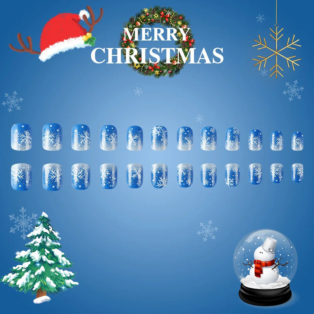 Snowflake Glitter Christmas Press-On Nails – Short Square, 24 Pcs