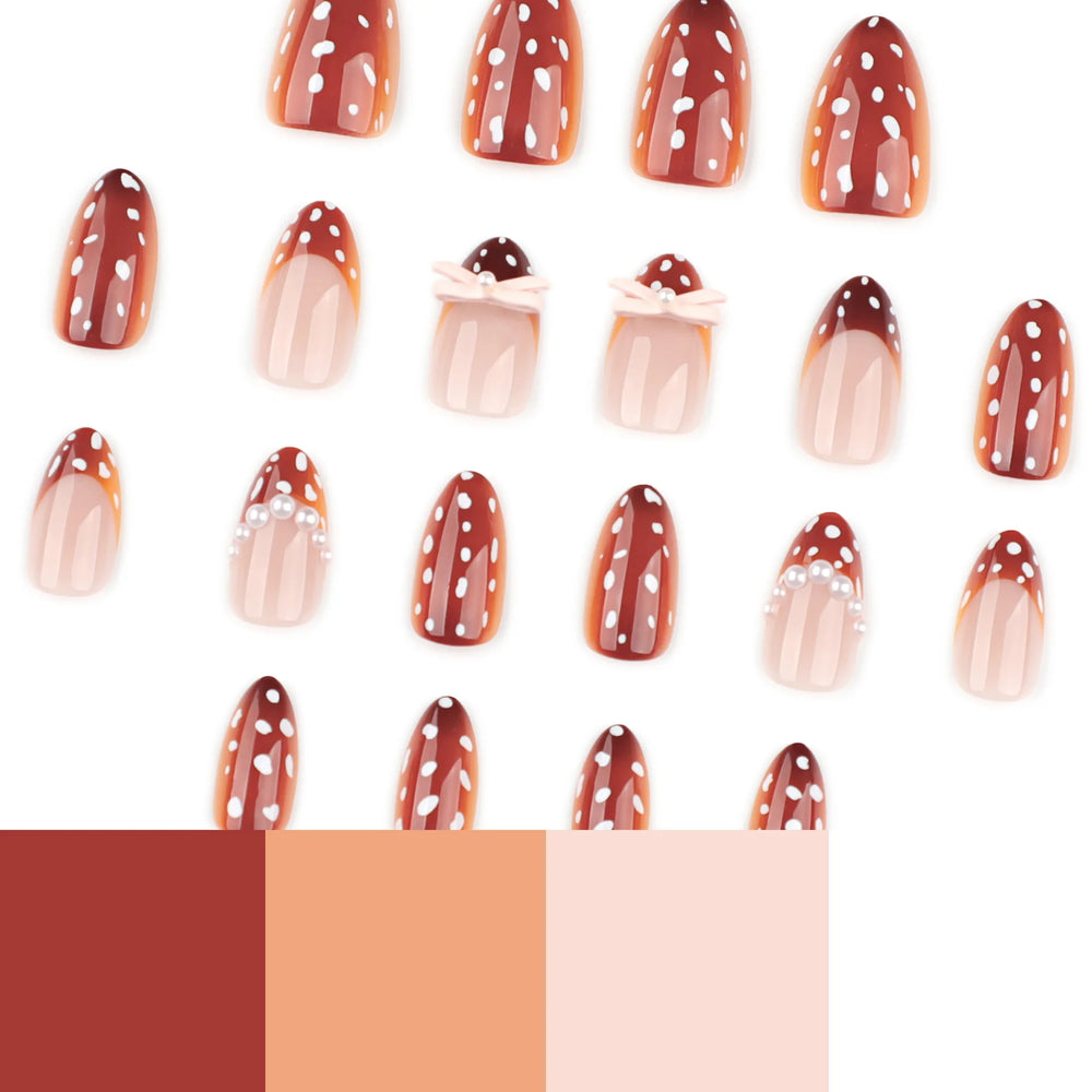 Brown Autumn Polka Dot Bow & Pearl Press-On Nails – Almond, 24 Pcs
