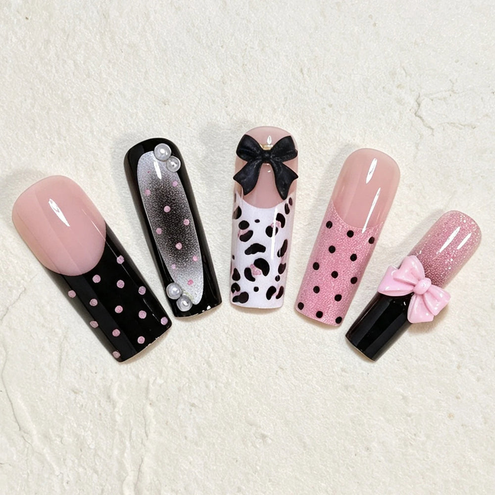 Black Polka Dot Bow & Pearl Press-On Nails – Long Coffin, 24 Pcs