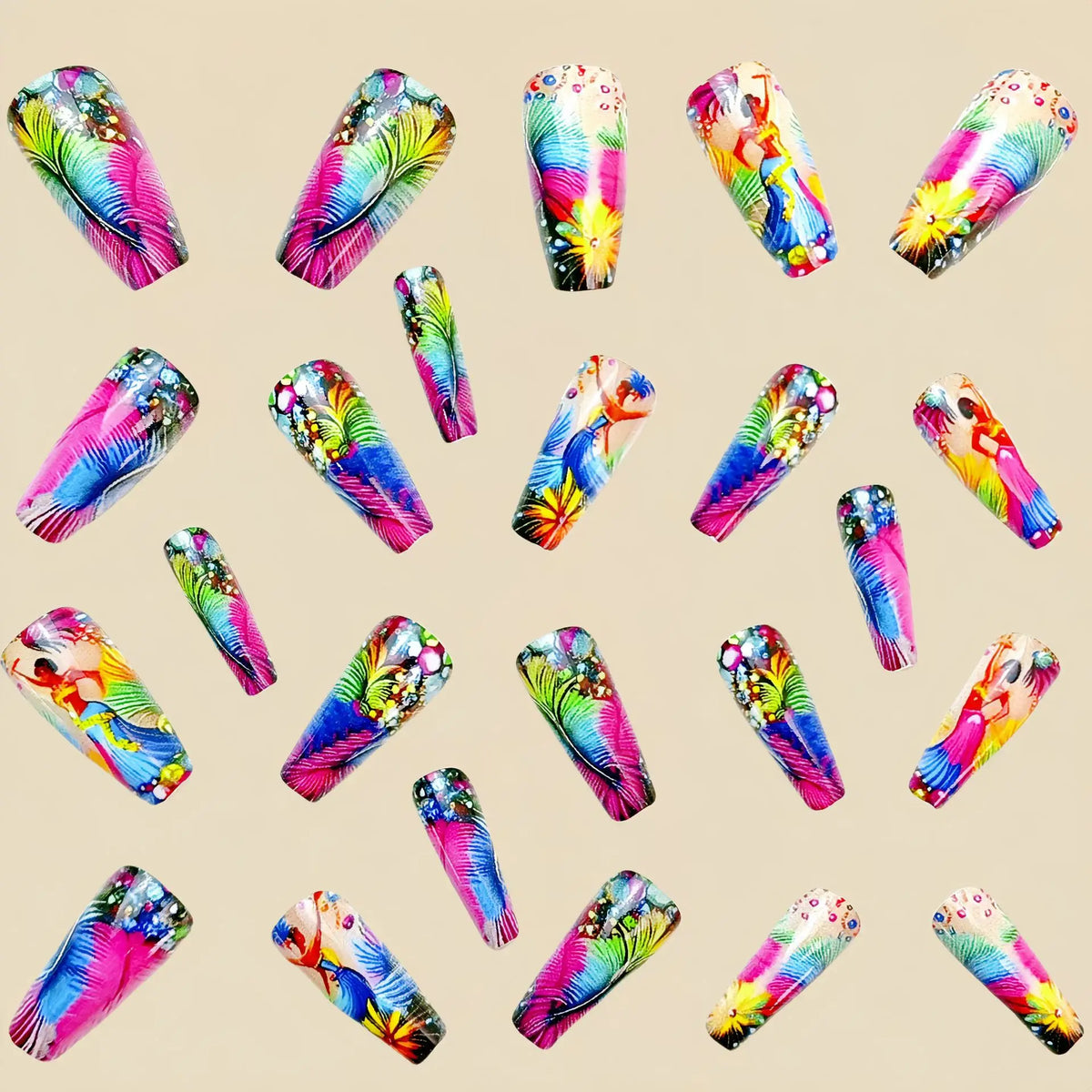 Medium long fake nails for women Y2K pink blue yellow colors girl feather print Ballet shape full cover press on fasle nail set