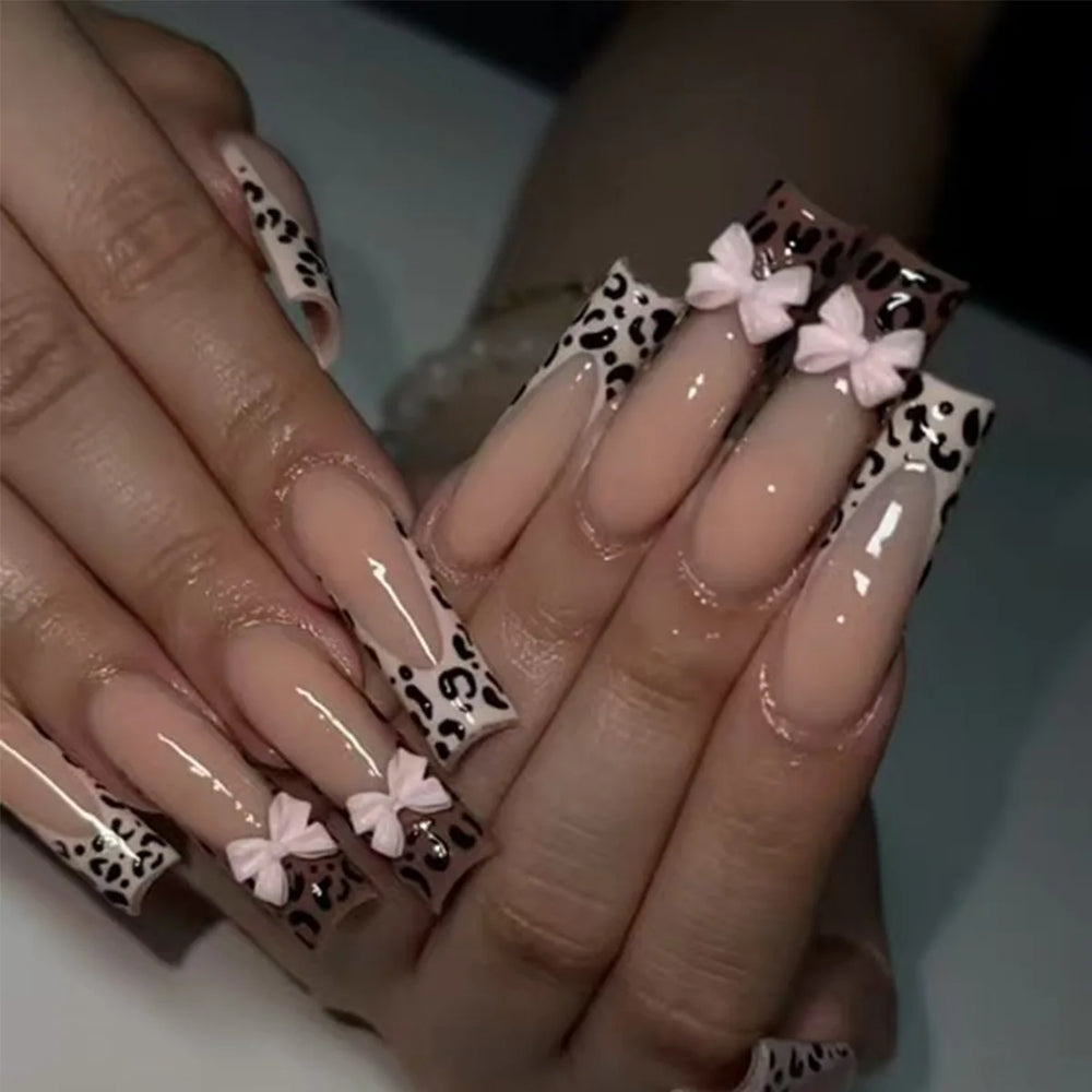 Nude Pink 3D Bow French Press-On Nails – Long Square, 24 Pcs