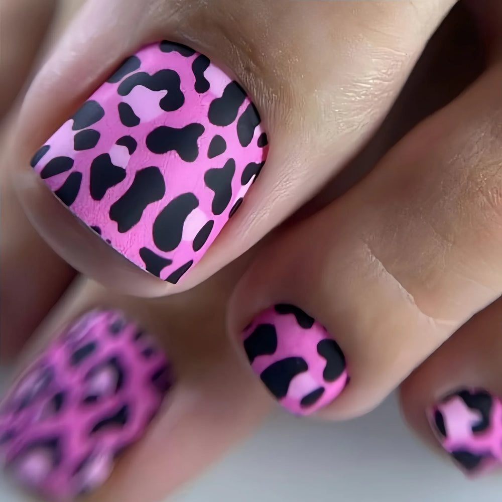 Gold & Pink Leopard Press-On Toenails – 24 Pcs