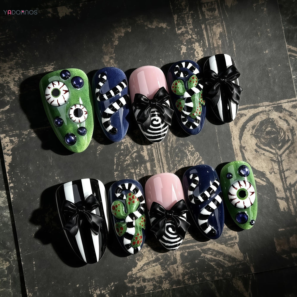 3D Spooky Eyeball & Spider Press-On Nails – Almond, 30 Pcs