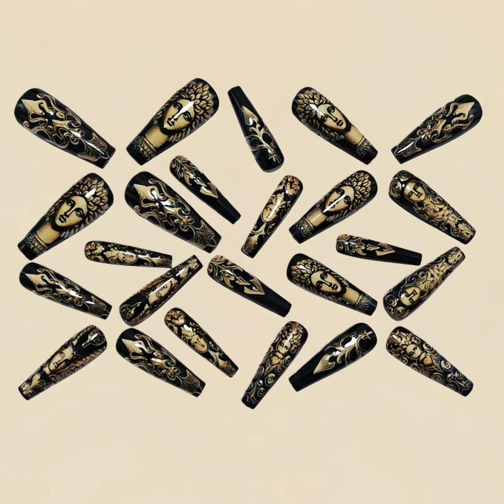 24pcs/set Medium long fake nails colorful Snake's stripes and eyes golden black human pattern square ballet tips press on nails
