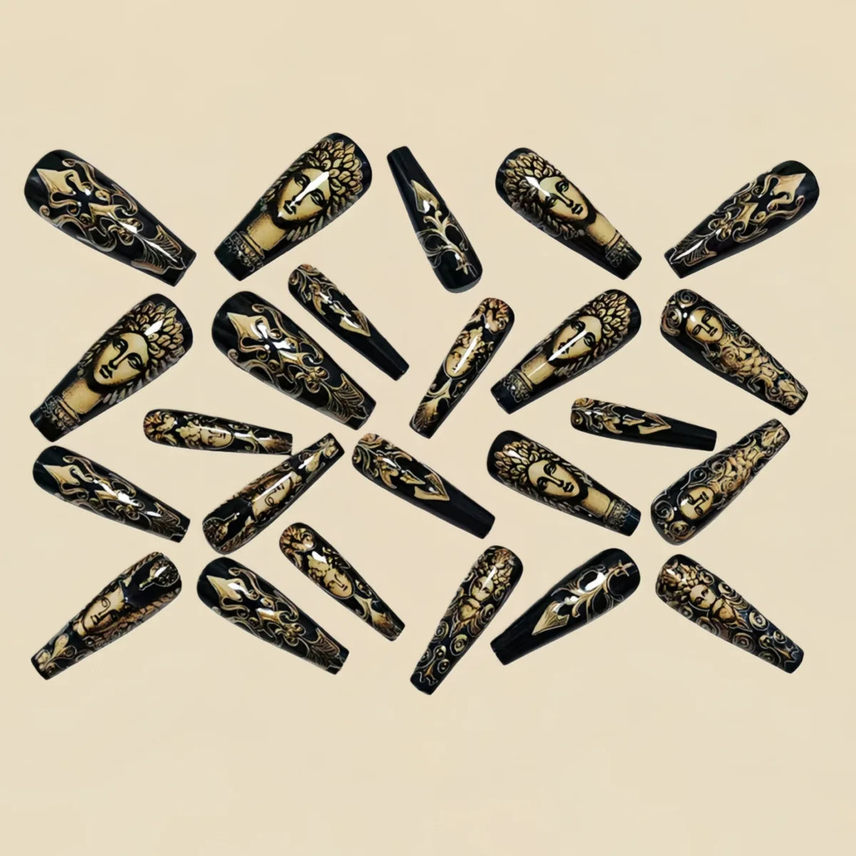 24pcs/set Medium long fake nails colorful Snake's stripes and eyes golden black human pattern square ballet tips press on nails
