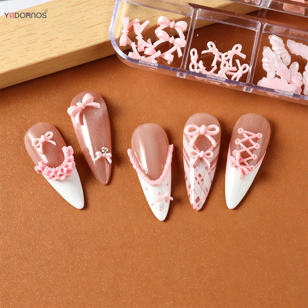 Pink Ballet 3D Bow & Heart Nail Charms – 12-Grid Box