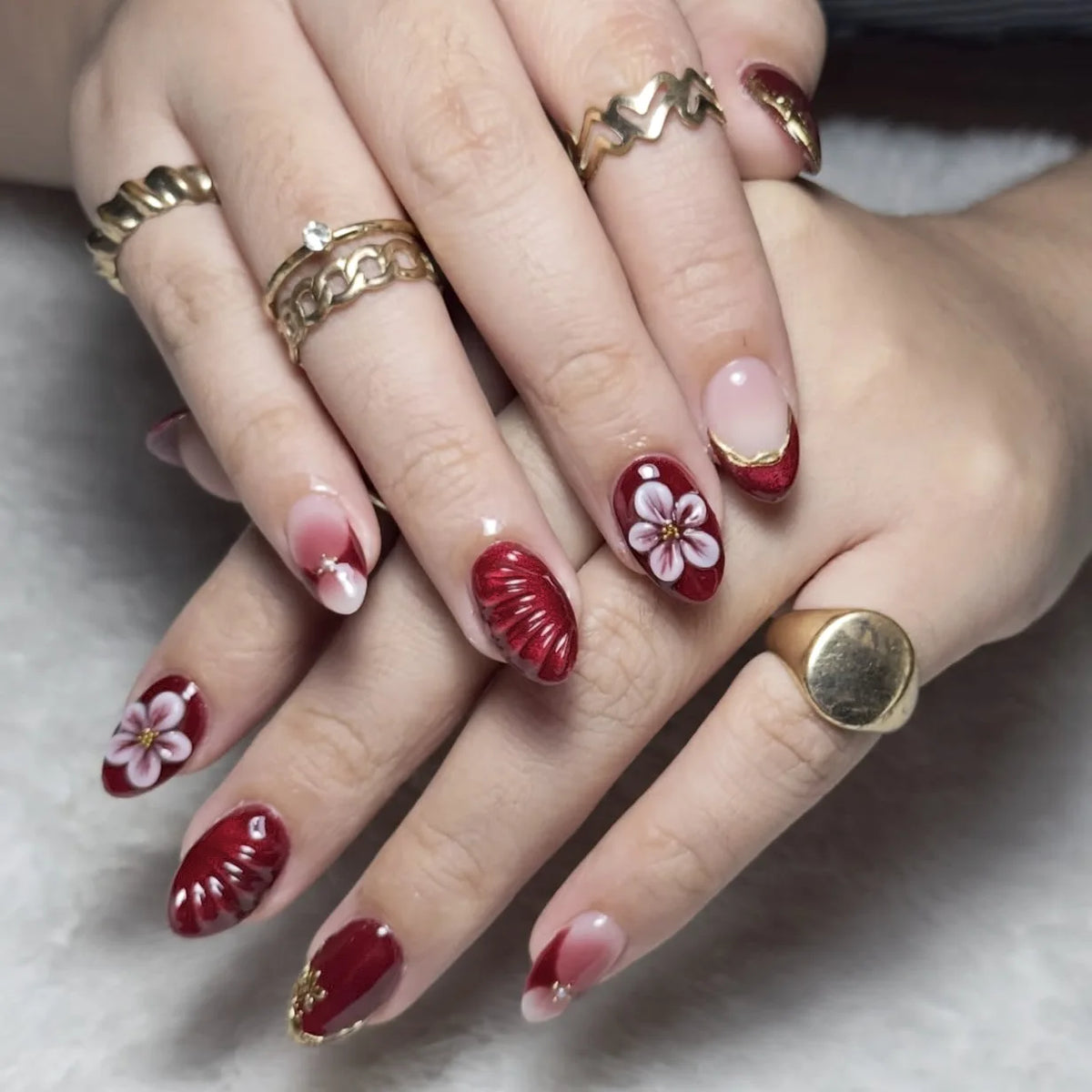 3D fake nails for women girls New Year red colors embossed flowers golden beads design french almond tips press on false nail
