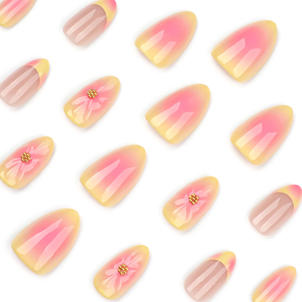 Short fake nails for women gilrs gradient orange pink 3D embossed flowers fruit design for Spring summer press on nails art