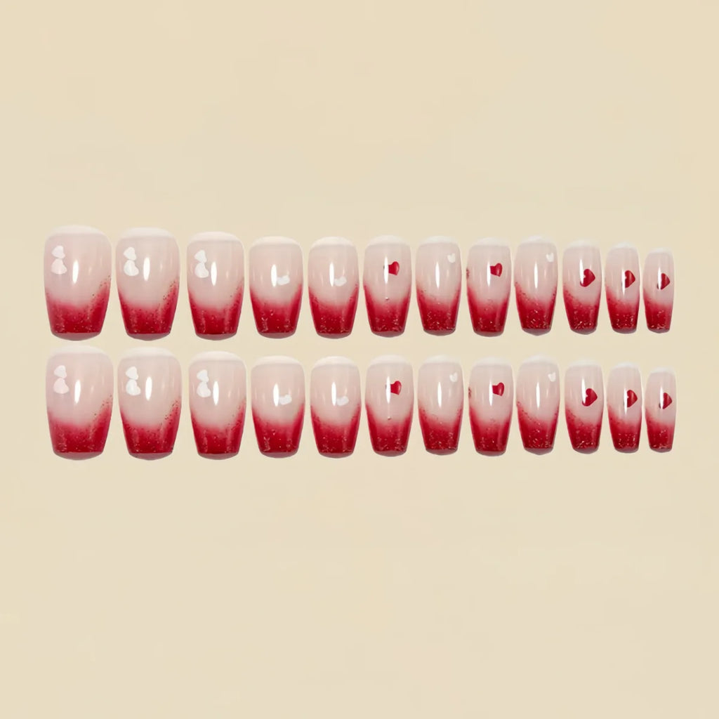Medium long fake nails for women gradient pink red cute heart design for Valentine's Day Square almond nail tips press on nails