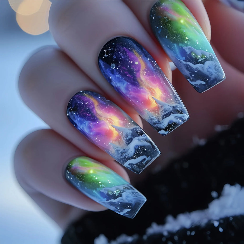 Medium long fake nails for women gradient green purple blue colors print Y2K ballet shape full cover press on Artificial Nails