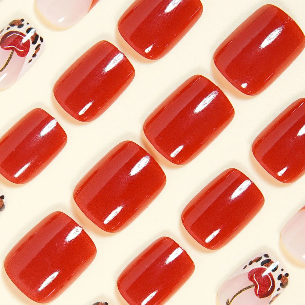 Leopard & Cherry Print French Press-On Nails – Short Square, 24 Pcs