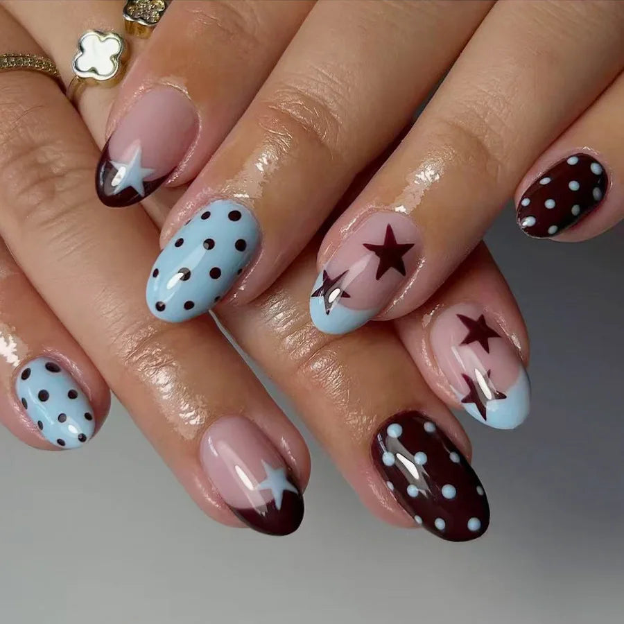 Blue & Black Stripe Star Polka Dot Press-On Nails – Almond, 24 Pcs