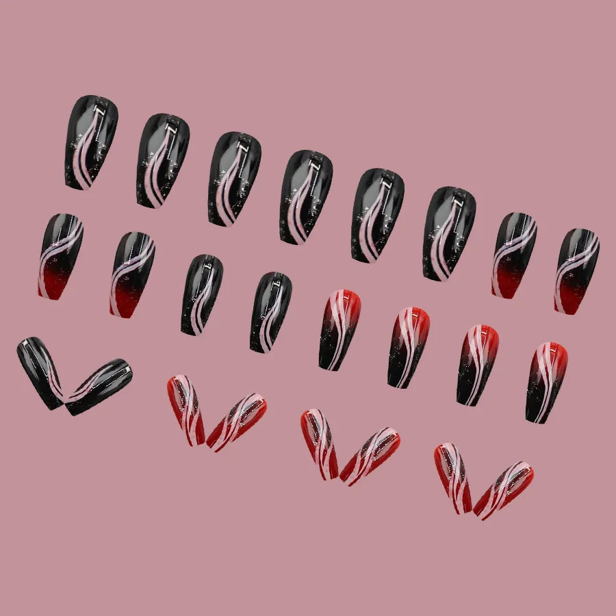 Medium long fake nails for women girls gradient black red beige nail art tips with glitters and strips press on false nail art