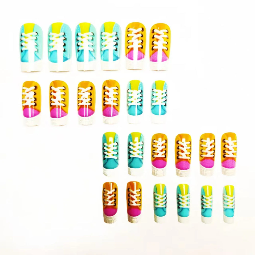 Y2K Sneaker Print Press-On Nails – Blue Orange Pink Red, Medium Square, 24 Pcs