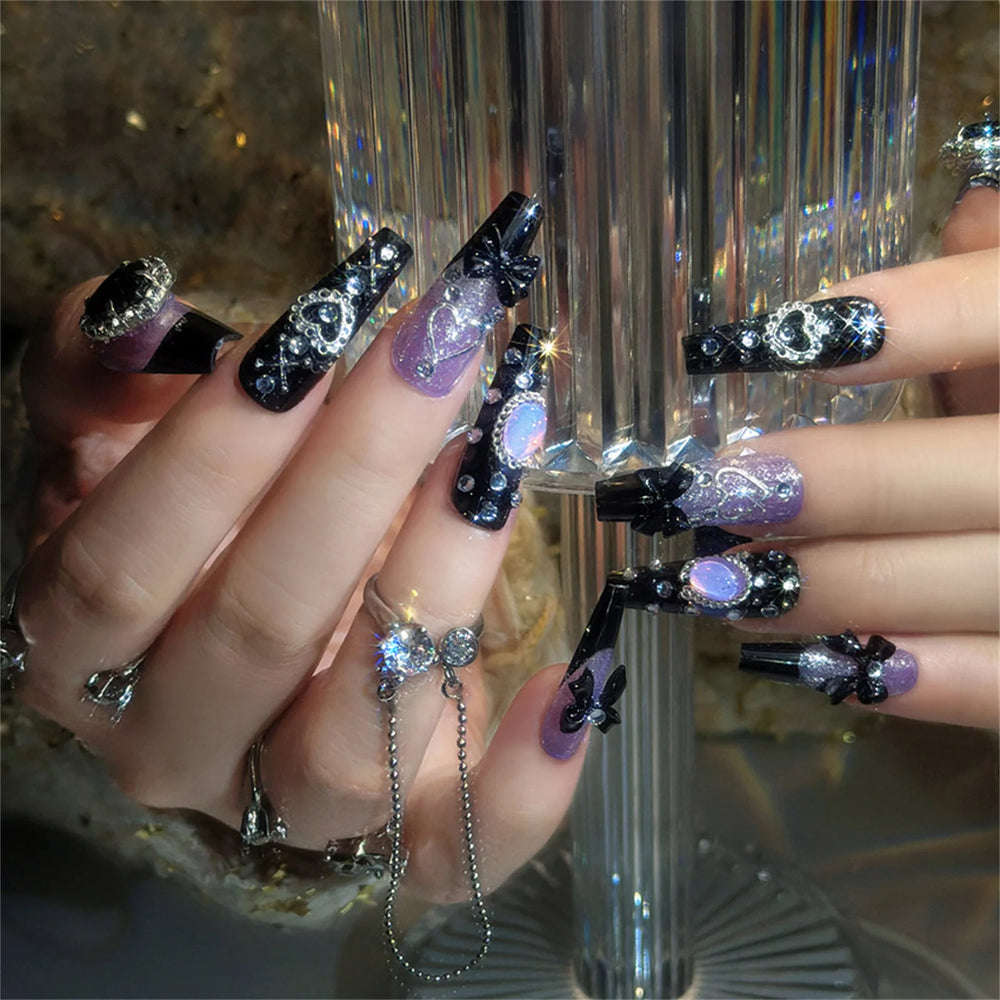 Black French Purple Gem Luxury Press-On Nails – Long Coffin, 24 Pcs