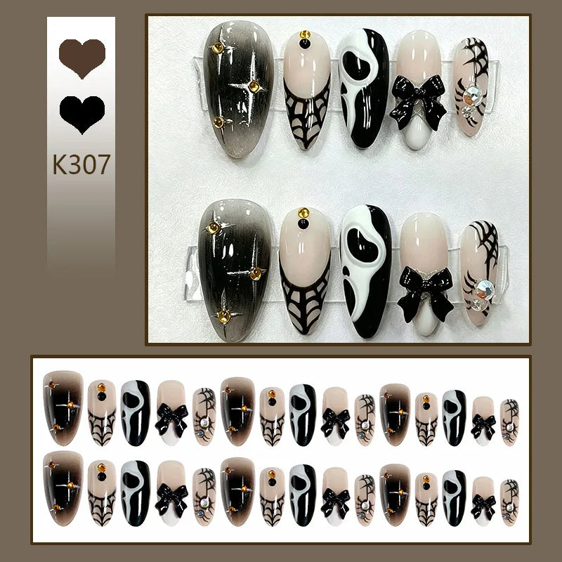 Black Ombre Horror Ghost & Spider Web Press-On Nails – Almond, 30 Pcs